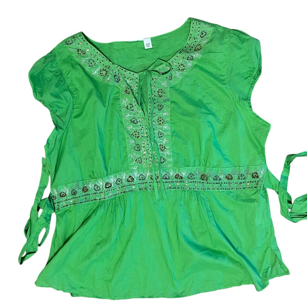 Peasant Boho Top Tunic Crinkle SZ 18/20W Beaded Embroidery Green Cato